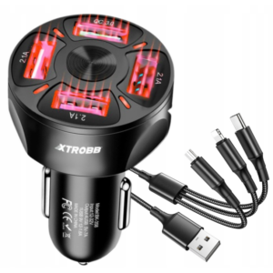 4x USB bil lader + USB kabel med 3 stik.